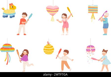 Les enfants frappent pinata. Enfants frappant des pinatas avec des confettis et des bonbons. Jeux de fête d'anniversaire enfantin, fille et garçon drôles avec les yeux fermés. Bien serrée Illustration de Vecteur