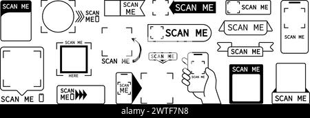 Balayage des cadres. Codes QR autocollants et inscription Scan me. Modèles de bannières d'information vides, espaces de codes à barres ou étiquettes Web, ensemble de vecteurs décents Illustration de Vecteur
