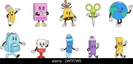 Éléments groovy de retour à l'école. Personnages de style rétro positif avec des émotions différentes. Livre funky de bande dessinée, crayon, cloche et ciseaux, vecteur serré Illustration de Vecteur