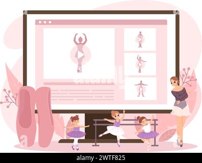 Cours de ballet en ligne. Mignonnes petites filles étudient la danse, professeur de théâtre classique et étudiants. Tutoriel de ballerine ou des cours pour les enfants, scène vectorielle serrée Illustration de Vecteur