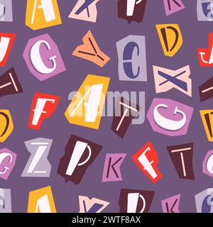 Lettres de rock dur. Lettres noires ou éléments alphabétiques criminels de journaux coupés. Motif imprimé abstrait drôle de tissu. Vecteur néotérique décoratif Illustration de Vecteur