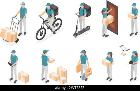 Caractères isométriques de messagerie. Hommes femmes en uniforme avec des colis et des boîtes. Service logistique de livraison, coursiers sur vélo et scooter, vecteur sans faille Illustration de Vecteur