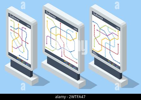 Carte isométrique du métro ou du métro. Voie souterraine. Carte fictive du métro. Quai de station de métro. Train à grande vitesse. Illustration de Vecteur