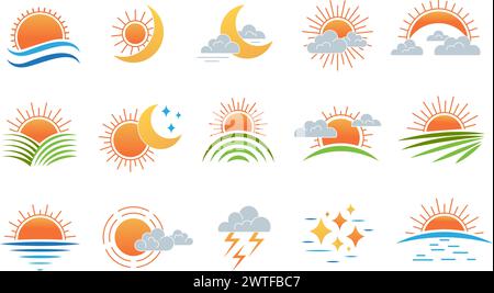 Soleil levant. Étoiles lune et coucher du soleil dans les nuages symboles vectoriels récents du jour et de la nuit Illustration de Vecteur