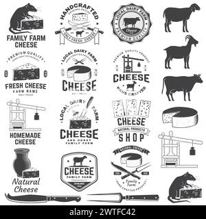 Motif écusson de la ferme familiale du fromage. Modèle pour logo, design de marque avec fromage en bloc, lacaune de mouton sur l'herbe, fourchette, couteau pour fromage, vache, fromage Illustration de Vecteur