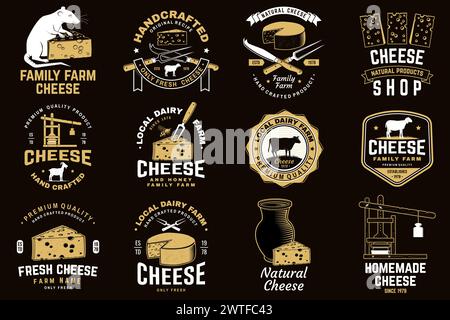 Motif écusson de la ferme familiale du fromage. Modèle pour logo, design de marque avec fromage en bloc, lacaune de mouton sur l'herbe, fourchette, couteau pour fromage, vache, fromage Illustration de Vecteur