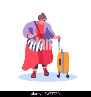 Grande femme avec une valise sur roues. Fille de personnage de dessin animé dans une robe rouge et des lunettes. Mode pour les femmes en surpoids. Illustration vectorielle plate Illustration de Vecteur