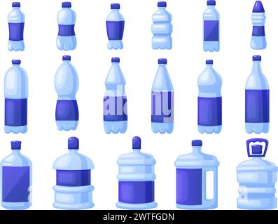 Ensemble de bouteilles d'eau de dessin animé. Différents récipients de liquide en plastique et en verre. Ensemble d'icônes d'emballage professionnel isolé, vecteur bleu décoratif de nos jours Illustration de Vecteur