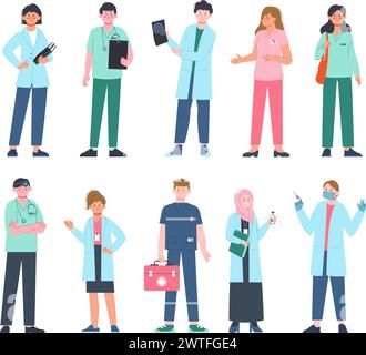 Médecins et infirmières. Le personnel médical en uniforme. Personnages de l'équipe de l'hôpital, employé de l'ambulance. Pédiatre et chirurgie, splendide ensemble vectoriel Illustration de Vecteur