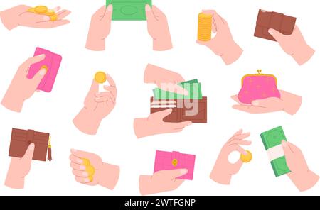 Porte-monnaie, pièces de monnaie et billets de banque. Ouvrez et fermez le portefeuille. Humain faisant le paiement, met de l'argent dans le sac à main. Éléments vectoriels de financement racy plat Illustration de Vecteur