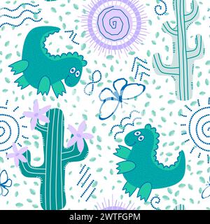 Désert d'été sans couture animaux dinosaures cactus et motif de soleil pour l'emballage du papier et des tissus et des draps et des enfants impression et emballage festif et partie Banque D'Images