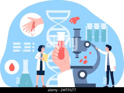 Concept d'hémophilie. Recherches sur la non coagulabilité sanguine en laboratoire. Petit scientifique, médecins et assistant de laboratoire travaillant avec des cellules, scène vectorielle récente Illustration de Vecteur