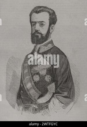 Amadeo Ier d'Espagne (1845-1890). Roi d'Espagne du 2 janvier 1871 au 11 février 1873. Premier duc d'Aoste. Portrait. Gravure. Historia de la Guerra de Francia y Prusia (histoire de la guerre entre la France et la Prusse). Volume II. Publié à Barcelone, 1871. Banque D'Images