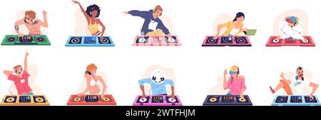 Personnages DJ. Personnes musicien dans des écouteurs mélangeant la platine de musique, discothèque club Lifestyle femme homme artiste sur la scène de concert de soirée mix boîte de nuit, set illustration vectorielle classe de dessin animé de musique dj Illustration de Vecteur