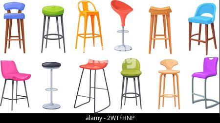 Tabourets de bar. Tabouret haut, siège haut debout pour bar club ou magasin de bureau, chaises vintage modernes en bois restaurant bistro meubles de studio de cuisine, illustration vectorielle de dessin animé de l'intérieur haut de chaise Illustration de Vecteur