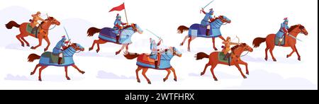 Cavalerie à cheval. Histoire chevaux guerriers scène de bataille, ancienne armée cavalière royale cavalière, guerrier chinois de guerre Hun ou cavalier mongol soldats médiévaux attaque, illustration vectorielle ingénieuse du guerrier historique Illustration de Vecteur