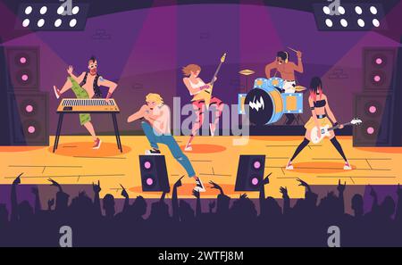 Concert de personnages de groupes de rock. Rocker Musicians membres du groupe exécutant la scène, rock star punk artiste guitariste batteur dansant foule scène de boîte de nuit classe illustration vectorielle Illustration de Vecteur