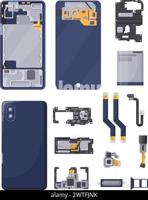 Téléphone démonté. Pièces de réparation de smartphone, composants électroniques à l'intérieur des téléphones intelligents mobiles, détails cassés du matériel de téléphone portable carte mère d'écran de batterie illustration vectorielle soignée Illustration de Vecteur