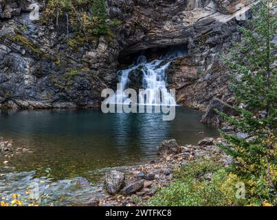 Une cascade coule dans un petit étang. L'eau est claire et calme. Les rochers autour de l'étang sont dispersés et l'herbe est verte Banque D'Images