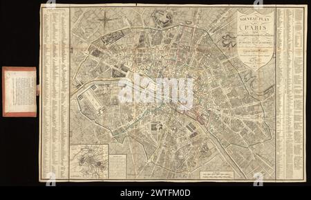 Nouveau plan de Paris, langues en XII arrondissemens ou mairies et en quarante huit quartiers, avec les projets et changemens ordonnés par le gouvernement / dressé par le chevalier Guyot ingénieur géographe, 1827. Guyot, Henry, chevalier, cartographe. 1827 panneau titre en haut à droite. Index alphabétique des rues aux marges gauche et droite. Deux barres graduées au centre en bas. Orienté avec le nord en haut. Relief représenté par des hachures. Limites des arrondissements tracées en couleur. Encart : Département de la Seine (échelle environ 1:240,000). Echelle d'environ 1:14,00. Copie Getty jointe à la page [3] du passé Banque D'Images