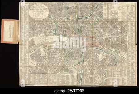 Nouveau plan routier de la ville de Paris et de ses faubourgs, antérieurs en douze mairies, 1820. 1820 panneau titre en haut à gauche. Index des rues et des institutions en marge, clavetés sur le plan étiqueté A-I, K-l et 1-9. Limites de maïs tracées en couleur. Carte apposée à la page [3] de la couverture en carton, avec étiquette de titre gravée à la page [1] : Plan de Paris. Echelle non fournie. Sur la page [2] de la couverture se trouve l'inscription de propriété à l'encre brune : Mr. Vignon, Butte Montbauron impasse aux réservoirs à Versailles. Banque D'Images