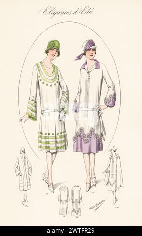 Flappers en chapeaux cloches et tenues d'été, 1926. Robe en crêpe romain avec manches pagode 15 et manteau assorti 15a, et robe en crêpe de Chine avec fleurs appliquées 16, et cape 16a. Lithographie colorée à la main par Atelier Bachwitz de Modell-Kleider fur den Hochsommer, Elegances d’ete, Fashions for the Hot Season, Atelier Bachwitz AG, Vienne, 1926. Banque D'Images