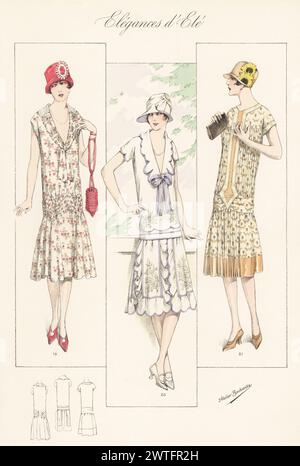 Flappers en chapeaux cloches et tenues d'été. Blouse d'été en sergé à motifs, chapeau rose poussiéreux assorti, chaussures et sac 19, blouse en crêpe de coton avec ourlet courbé 20, robe foulard imprimée, chapeau avec tournesols 21. Lithographie colorée à la main par Atelier Bachwitz de Modell-Kleider fur den Hochsommer, Elegances d’ete, Fashions for the Hot Season, Atelier Bachwitz AG, Vienne, 1926. Banque D'Images