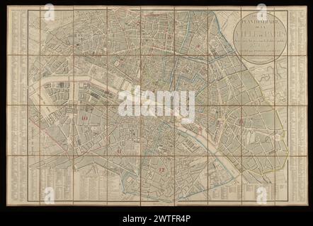 Nouveau plan itinéraire de la ville de Paris, bases en 12 arrondissements avec tous les édifices publics / par Maire ; gravé par Perrier et Gallet ; écrit par Lale, graveur au Dépôt de la guerre, 1843. Maire, N.-M., cartographe. [1843] auteur identifié comme Maire dans Vallée, qui énumère six éditions antérieures entre 1824 et 1840, publiées par Andriveau-goujon rue du bac, n° 6. Voir L. Vallée, catalogue des plans de Paris, 1985-1990. Titre dans un cercle en haut à droite. Index des rues sur les bords gauche et droit. Barre d'échelle de 1000 mètres en bas au centre. Relief occasionnellement véhiculé par des hachures. Bounda Banque D'Images