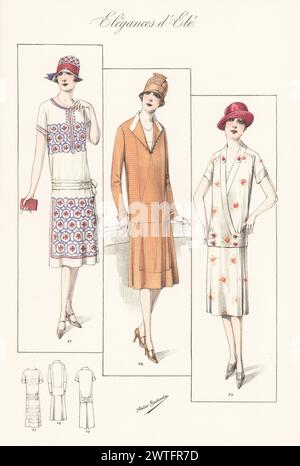 Flappers en chapeaux cloches et robes d'été. Robe batiste avec broderie 37, blouse trotteur en soie naturelle rayée 38, robe pull en crêpe de soie avec top croisé, manches raglan 39. Lithographie colorée à la main par Atelier Bachwitz de Modell-Kleider fur den Hochsommer, Elegances d’ete, Fashions for the Hot Season, Atelier Bachwitz AG, Vienne, 1926. Banque D'Images