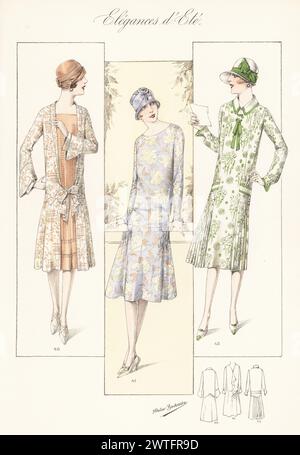 Flappers en chapeaux cloches et robes d'été. Blouse foulard imprimée avec noeud avant 40, robe à imprimé floral en crêpe de coton 41, robe sergée à imprimé floral vert 42. Lithographie colorée à la main par Atelier Bachwitz de Modell-Kleider fur den Hochsommer, Elegances d’ete, Fashions for the Hot Season, Atelier Bachwitz AG, Vienne, 1926. Banque D'Images