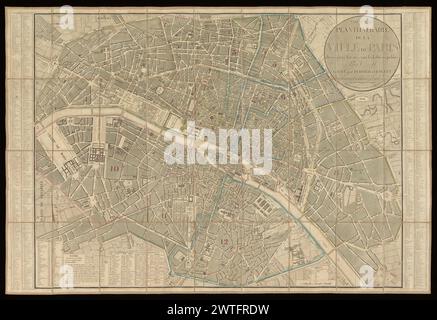 Nouveau plan itinéraire de la ville de Paris, bases en 12 arrondissements avec tous les Edifices publics / par Maire ; gravé par Perrier et Gallet ; écrit par Lale, graveur au Dépôt de la guerre, 1835. Maire, N.-M., cartographe. [1835] auteur identifié comme Maire dans L. Vallée. Titre dans un cercle en haut à droite. Liste des rues sur les bords gauche et droit, indexée en rectangles sur le plan étiqueté horizontalement A-H et verticalement 1-6. At foot : Tableau des arrondissemens et des quartiers ; Tableau des lignes suivies par les voitures à 30 cs. Orienté avec le nord en haut. Relief véhiculé occasionnellement par hachures. Banque D'Images