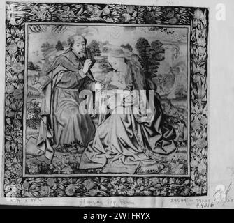 Naissance du Christ : Sainte famille 'Trinitas terrestris'. Inconnu c. 1500-1525 tapisserie dimensions : H 57' x l 56' tapisserie matériaux/techniques : laine ; soie ; fil métallique (or) ; fil métallique (argent) culture : Sud des pays-Bas Centre de tissage : inconnu historique de propriété : Français & Co. acheté des galeries Parke-Bernet (vente MRS Leon Schinasi) 11/3/1944. En paysage, Kneeling Madonna avec Christ-Child & équipé Joseph ; scène de fuite en Egypte (?) En arrière-plan (BRD) guirlandes de fleurs et fruits surdimensionnés éventuellement tissés à Bruxelles (Cavallo). Tapisserie est dans le cadre doré 'tabernacolo' (Stock s Banque D'Images