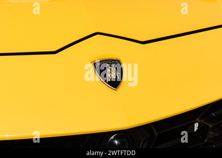 ISTANBUL, TURQUIE - 15 MARS 2024 : logo Lamborghini sur une carrosserie jaune. Banque D'Images