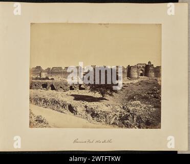 Fort ruiné. Old Delhi. John Edward Saché, photographe (prussien ou britannique, né en Prusse, 1824 - 1882) 1864–1868 vue du complexe fortifié de Purana Qila ou du Vieux Fort, vu de loin. Le fort est dans un état de ruines avec des débris dispersés au premier plan. Le Bara Darwaza, parfois appelé la porte Ouest, est visible sur la partie centrale droite de l'image avec un chattri ou un pavillon décoratif en forme de dôme sur l'une de ses tours de porte. (Recto, impression) en haut à gauche, à l'encre brune : '24.' ; en bas au centre, inscrit en négatif : '117' ; (recto, monture) en bas au centre, à l'encre brune : 'Fort ruiné. Banque D'Images