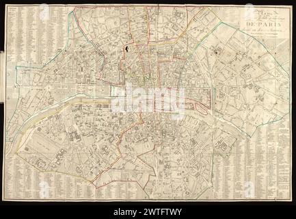 Plan routier de la ville et fauxbourgs de Paris, fondés en douze mairies / revu et corrigé par Hérisson, géographe, 1835. 183[5?] L. Vallée cite les éditions similaires 1824-27, 1832 (catalogue des plans de Paris, nos 1502-6). Sur la présente copie dernier chiffre de la date de publication 1835 imprimé indistinctement (peut-être 1833). Panneau titre en haut à droite. Index alphabétique des rues dans les trois coins restants, indexé en carrés lignés étiquetés horizontalement A-I, K et verticalement 1-7. Orienté avec le nord en haut. Limites des arrondissements tracées en couleur. Carte montée sur la p. [3] de la couverture en carton collé, avec gravé Banque D'Images