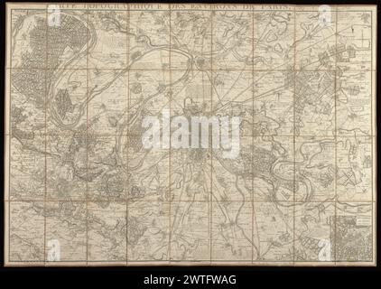 Carte topographique des environs de Paris / par N. Maire ; gravé par Perrier et B. Tardieu, 1821. Maire, N.-M., cartographe. [1821] relief représenté par des hachures. La carte porte des notes gravées partout sur la géologie et la production agricole de la région. Titre dans la marge supérieure. Empreinte dans la marge inférieure. Encart dans le coin inférieur droit : Fontainebleau et ses environs a 13 lieues s. e. de Paris (échelle environ 1:16,500). Trois barres d'échelle incorporées dans la bordure inférieure : 2 500 toises ; 1 ligue de 2 280 toises ; 40 000 mètres (Fontainebleau). Découpé en 36 panneaux et monté sur toile. Au verso est octogonale etche Banque D'Images