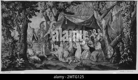 Famille de Darius avant Alexandre. Le Brun, Charles (français, 1619-1690) (dessiné après) [peintre] c. 1700-1750 tapisserie dimensions : H 7'9' x l 15'5' tapisserie matériaux/techniques : inconnu culture : Centre de tissage flamand : inconnu historique de propriété : Français et Co. acheté de Bacri Frères 4/15/1920. Alexandre accompagné d'Héphaïssétion, tous deux en armure avec des casques à plumes (l, milieu) ; famille de Darius sous tente, agenouillé devant Alexandre (R, milieu) ; tentes (l, fond) bordures manquantes. French & Co. feuille de stock dans les archives, 22447-b travaux connexes : tapisseries de composition similaire: Banque D'Images
