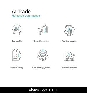 Stratégie commerciale IA icônes vectorielles optimisation des promotions de vente au détail Illustration de Vecteur