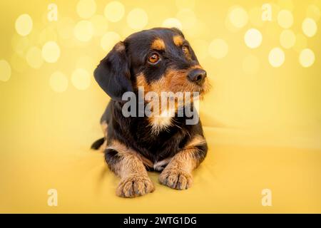 Un joli petit chien de mongrel croisé devant un fond de studio jaune coloré Banque D'Images