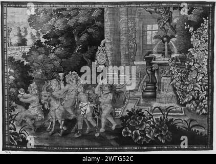 Les enfants bacchanaliens. Unknown c. 1690 tapisserie matériaux / techniques : inconnu culture : Centre de tissage anglais : Mortlake histoire de propriété : Français et Co. Procession de 5 garçons, 1 manèges de chèvre (l), garçons danses (l), 2 garçons flanc de chèvre, garçon tient le bâton, fontaine (R) (BRD) perle-&-bobine moulage fragment ; moitié droite de la conception originale de la tapisserie. Pas de feuille de stock française et américaine dans les archives, pas de numéro de stock Marillier, tapisseries anglaises (1930), 24-26 travaux connexes : tapisseries stylistiquement similaires : GCPA 0181837-0181841, 0181843-0181844, particulièrement similaires à GCPA 0181840, 0184124 (design complet) & GCPA 0181841 ( Banque D'Images