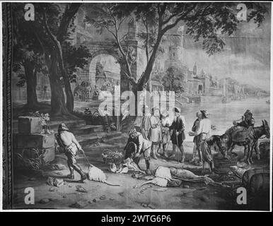 Quai à poissons. Teniers, David II (flamand, 1610-1690) (dessiné après) [peintre] c. 1700-1720 tapisserie matériaux/techniques : culture inconnue : Centre de tissage flamand : Groupe de marchands de Bruxelles parlant avec un pêcheur pendant que l'homme vide le panier de poisson (premier plan) ; l'homme [dont la tête est coupée] se penche sur le panier (R, milieu); L'arche mène au port ( fond) (l BRD) feuilles défilantes autour de la tige centrale cette pièce montre le 2/3 gauche de la composition de tapisserie complète. Marillier, Teniers tapisseries (1932), 48, pl. 12 Banque D'Images