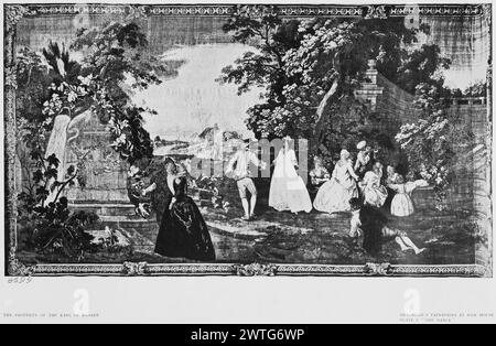 Danse. Watteau, Jean Antoine (français, 1684-1721) (dessiné après) [peintre] Pater, Jean-Baptiste Joseph (français, 1695-1736) (dessiné après) [peintre] Bradshaw, George Smith (britannique, 1717-1812) (atelier) [tisserand] c. 1730-1760 tapisserie matériaux/techniques : laine et soie culture : English Weaving Center : London Ownership History : Earl of Dysart. Français et Royaume-Uni Angleterre, Grand Londres, Ham, Ham House. Inscriptions : signature tissée en bas de garde, à droite [non visible sur la photo] : couple BRADSHAW se promenant vers la fontaine (l, premier plan), couple dansant (centre, milieu), groupe de dames, grippe Banque D'Images