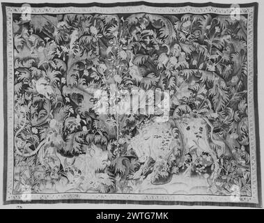 Verdure à grandes feuilles avec lion attaquant taureau. Inconnu c. 1550-1600 tapisserie matériaux / techniques : inconnu culture : Centre de tissage flamand : inconnu histoire de propriété : Français et Co. Le lion s'accroupit devant le taureau dans la verdure composée de feuilles défilantes ressemblant à l'acanthus entrelacées avec une plante à fleurs tortueuses poussant vers le haut à partir du champ central inférieur ; bande guillochée étroite de perroquet et oiseau (BRD) aucune feuille de stock française et américaine dans les archives, aucun numéro de stock Banque D'Images