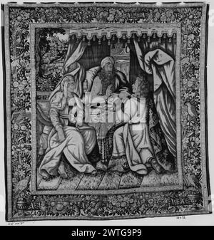 La bénédiction d'Isaac de Jacob et Esau. Inconnu c. 1625-1650 (champ central) tapisserie dimensions : H 10'9' x l 10'6' tapisserie matériaux/techniques : inconnu culture : Centre de tissage flamand : inconnu historique de propriété : Français et Co. Dans la chambre à coucher, Isaac couché dans le lit bénit Jacob qui, déguisé dans les vêtements d'Esau, apporte de la nourriture à son père ; les mains et le cou de Jacob sont couverts de peaux de chèvre (Genèse 27) (BRD) guirlande de fleurs et de fruits avec des animaux (oiseaux et écureuils) tournant autour de la tige centrale avec motif de tronc de palmier; (LWR BRD) oiseaux perchés au sommet des vases avec des fleurs la frontière et le champ [central] sho Banque D'Images