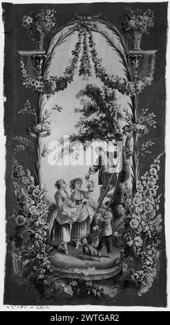 Cueilleurs de cerises. Huet, Jean-Baptiste (français, 1745-1811) (dessiné après) [peintre] c. 1785-1800 tapisserie dimensions : H 8'1' x l 4'6' tapisserie matériaux/techniques : culture inconnue : Centre de tissage français : Aubusson histoire de propriété : Français & Co. Jeunes sur une échelle couchés contre les mains d'un arbre cerises à 2 filles sur le sol ; enfant nourrissant des cerises aux poules au premier plan (BRD) scène encadrée par des frondes de palmier jaillissant des fleurs sauvages et formant une arche, ornée de couronnes au milieu et de festons floraux noués par ruban sous l'arche ; en spandrels : étagères, sur des supports de feuilles d'acanthus, contenant des paniers de fleurs Banque D'Images