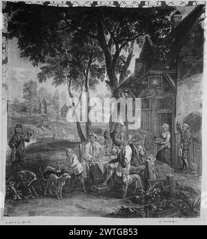 Les chasseurs se reposent. Teniers, David II (flamand, 1610-1690) (dessiné après) [peintre] c. 1710-1760 tapisserie dimensions : H 2,64 x l 2,80 m tapisserie matériaux/techniques : inconnue culture : Centre de tissage flamand : Bruxelles histoire de la propriété : Français et Co. Avant l'auberge, les chasseurs, assis autour de la table, tiennent des lunettes ; musicien jouant du cor avant accompagnateur avec des chiens (premier plan) ; paysage avec fermes et bétail (arrière-plan) pas de feuille de stock française et anglaise dans les archives, pas de numéro de stock Delmarcel, Flemish Tapestry (1999), 352-361, fig.13,16 Marillier, Teniers Tapestries (1932), 25, pl.10 travaux connexes : Compositionall Banque D'Images