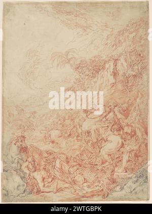 Leopard Hunt. Jean Jacques Flipart (français, 1719 - 1782) d'après François Boucher (français, 1703 - 1770) vers 1767–1773 dans ce dessin raffiné à la craie rouge, une partie de chasse s'affronte avec une meute de léopards devant un fond de palmiers. Un orbe niché à côté d'un léopard déchu au premier plan fait référence à une légende européenne associée à la chasse au tigre dans des terres lointaines : une boule de verre aurait été utilisée pour confondre la tigresse en prenant son propre reflet avec l'un de ses oursons. Flipart a copié cette composition à partir d'une peinture à l'huile, la chasse au léopard (1736 ; Musée de Picardie, Amiens) de François Bou Banque D'Images