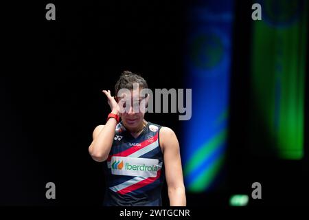 Birmingham, Royaume-Uni. 18 mars 2024. L'espagnole Carolina Marin célèbre la finale féminine en simple contre la japonaise Yamaguchi Akane au YONEX All England Open Badminton Championships 2024 à Birmingham, Grande-Bretagne, le 17 mars 2024. Crédit : Xinhua/Alamy Live News Banque D'Images