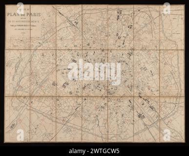 Nouveau plan de Paris, langues en 20 arrondissements, 1863. 1863 pas dans Vallée, bien qu'une carte répertoriée de 1860, imprimée par imprimerie centrale des chemins de fer, puisse être une version antérieure. Voir L. Vallée, catalogue des plans de Paris, 581. La carte précédente porte une inscription MS par Alfred Potiquet, indiquant qu'il l'a produite en octobre 1859. Panneau titre en haut à gauche, y compris une barre d'échelle de 1500 mètres. Carte imprimée en noir, sur une grille de 32 rectangles numérotés en rouge, apparemment destinée à un index qui manque à la présente copie. Échelle d'environ 1:15,750. Au verso de la copie Getty figure bookpl Banque D'Images