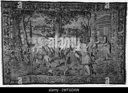 Voyage à Ecbatana : Tobias prenant congé de ses parents . Unknown c. 1540 tapisserie dimensions : H 12' x l 17'6' tapisserie matériaux/techniques : inconnu culture : Centre de tissage flamand : Bruxelles histoire de propriété : Français et Co. Inscriptions : marque de tisserand non identifiée sur la garde inférieure, à droite dans le paysage, Anna (Anne), embrassant son fils Tobias au revoir, pleure son départ; angel Stand Neighborhood (Tobit 4-6) (BRD) des bouquets de fleurs et de fruits surdimensionnés contre un motif de tronc de palmier entrecoupé de la marque Birds Weaver peuvent faire référence à un membre de la famille Guebels de tisserands bruxellois ; pas précisément à Anyo Banque D'Images